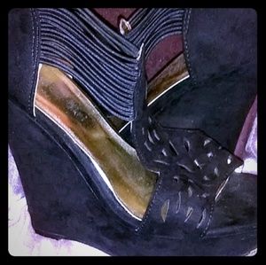 Black velveteen wedges